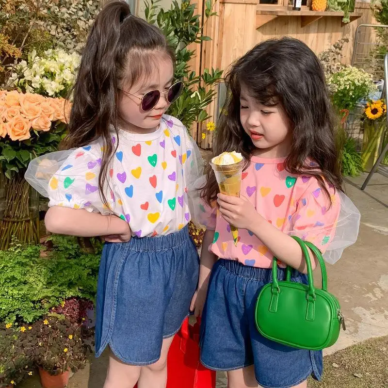 

Children T-shirt 2022 Summer New Korean Style Girls' Mesh Bubble Wash T-shirt Children's Love Short Sleeve Top