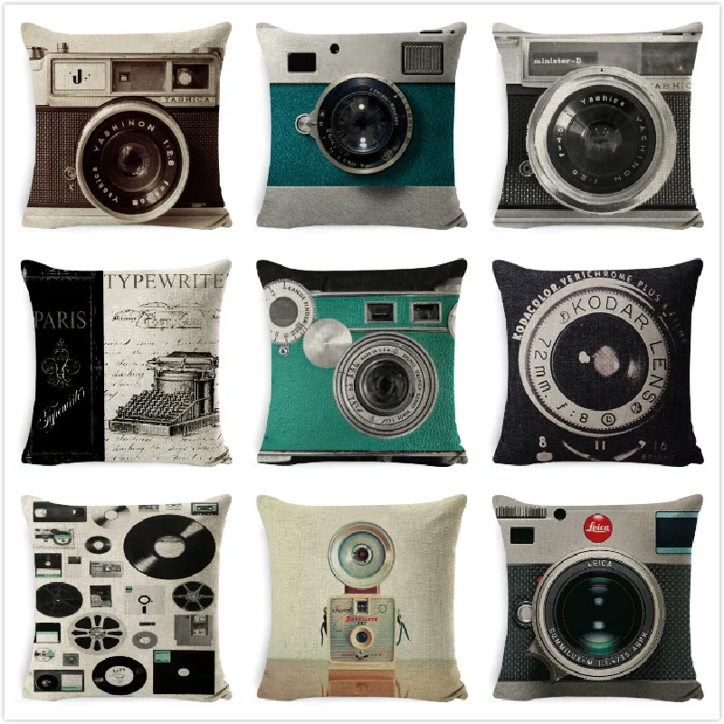 

Vintage Cushion Cover Camera Printed Linen Cotton Pillow Case Throw Pillowcase Decorative Sofa Car Chair Home Decor kussenhoes