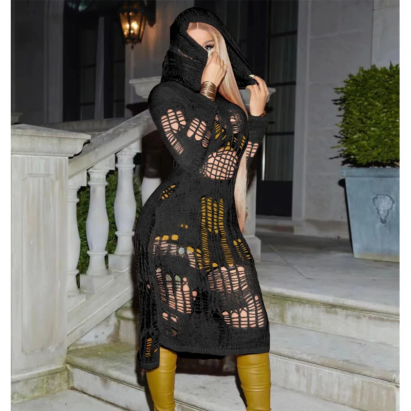 

Women Sexy Hoody Long Sleeve See Through Holes Bodycon Knitted dresses