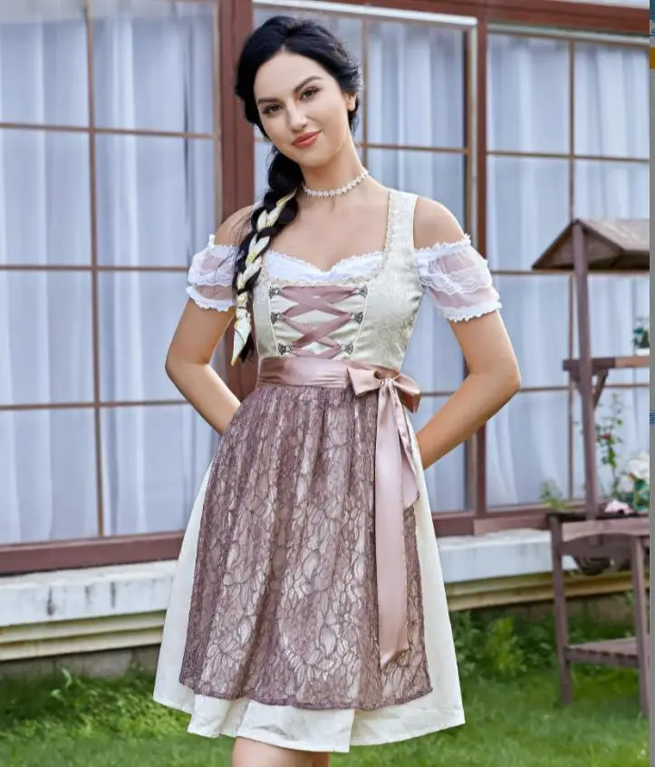 

100% Polyester 2022 Apricot Jacquard Lace Apron Beer Suit Three Piece (fbm)