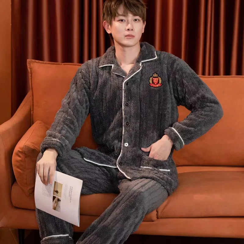 Pajamas Sets Men Winter Thicken Warm Pyjamas Plus Size Coral Fleece Long Sleeve Trousers Homewear Soft Sleepwear Home Clothes