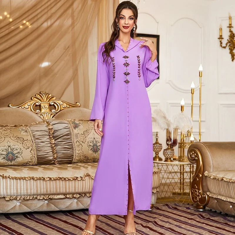 Fashion Muslim Dress Ramadan Purple Hand Sewn Diamond Hood Ladies Arabian Dress 2022 New Kaftan Djellaba Moroccan Vestidos