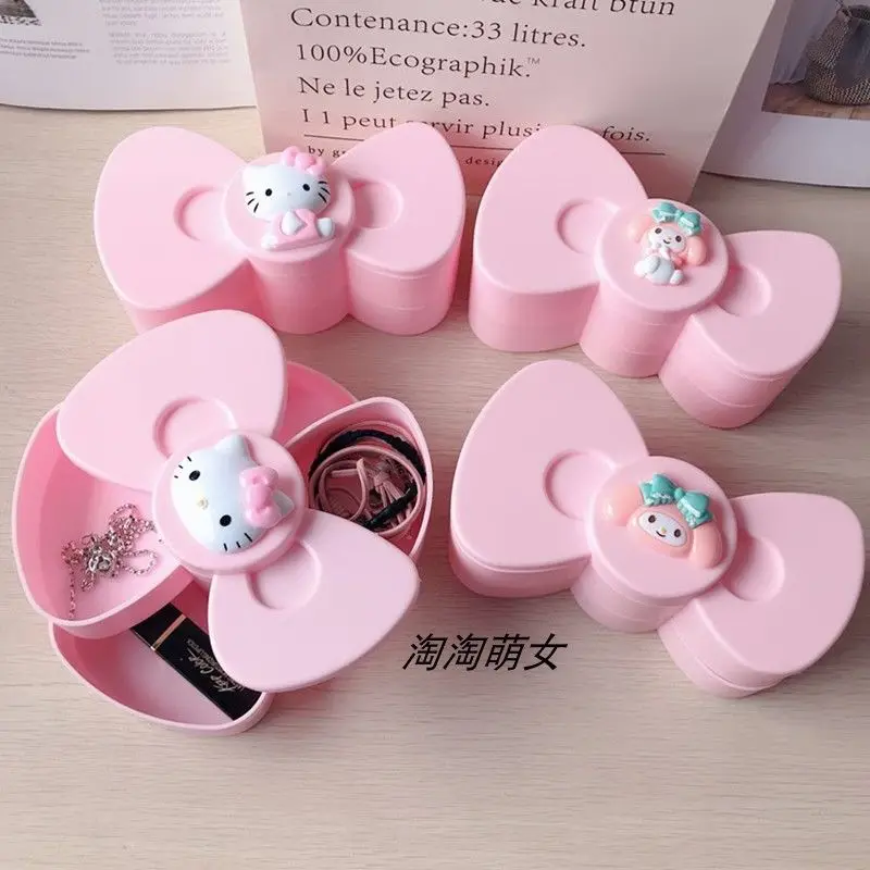 

Hello Kitty Girls Jewelry Box Cartoon Rotating Bow Desktop Charging Cable Storage Box Double Layer Office Dormitory Storage