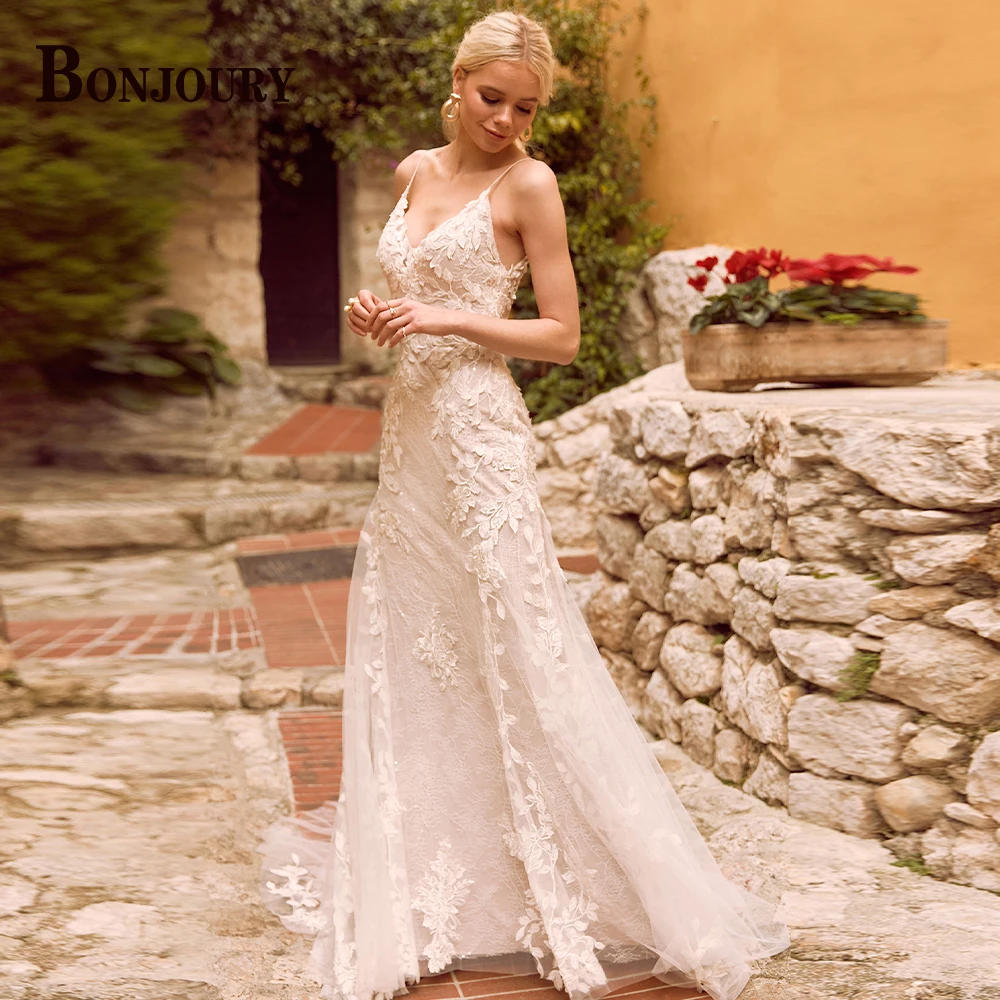 

BONJOURY Charming Wedding Dresses Sweetheart Spaghetti Straps For Women 2023 Bridal Lace Appliques Customised Robe De Mariée