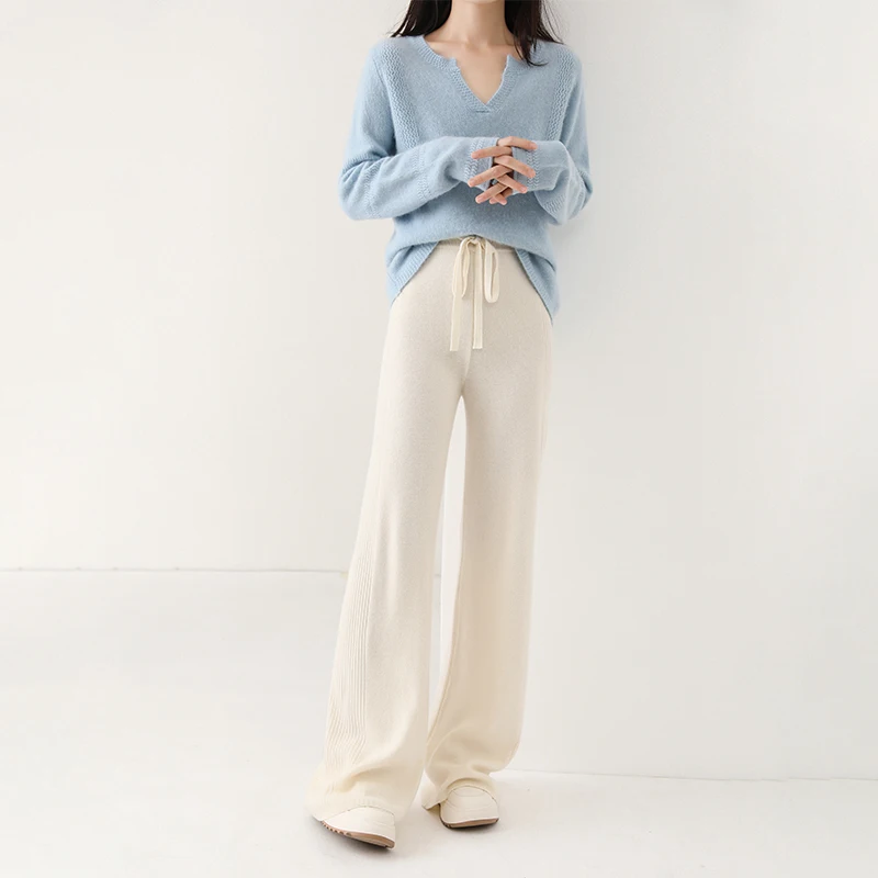 Женские широкие брюки из чистого кашемира с высокой талией длиной до пола
