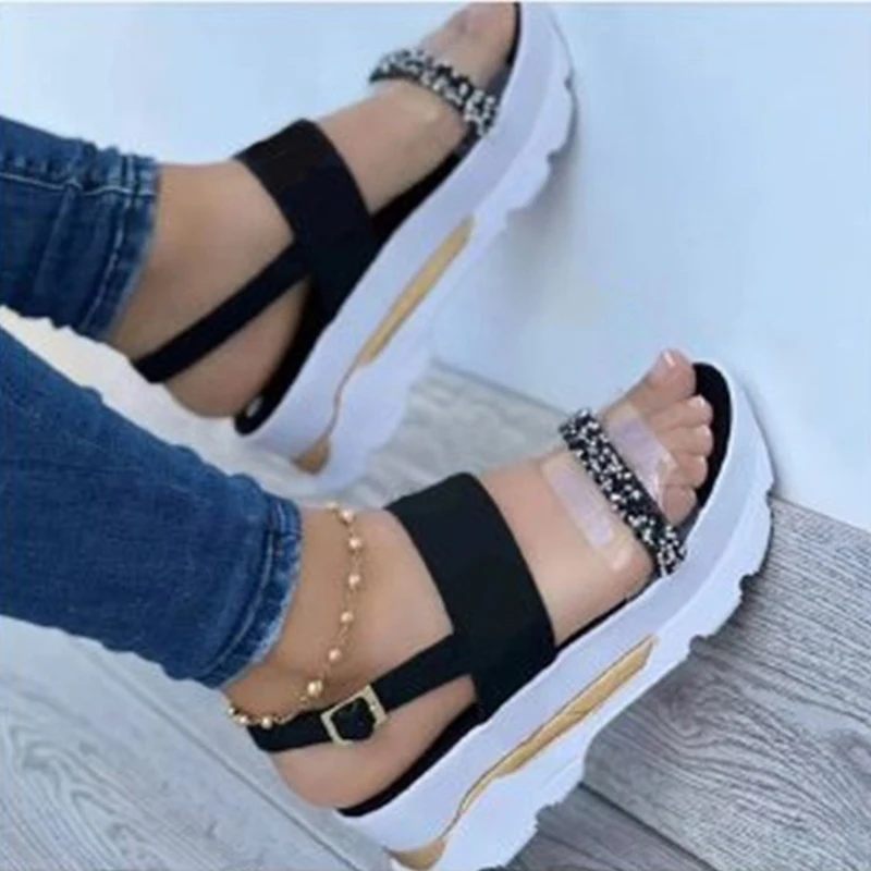 

Women's Sandals 2022 Summer Fashion Design Slip On Rhinestones Decoraction Open Toe Non Slip Beach Female Slippers Low Wedges
