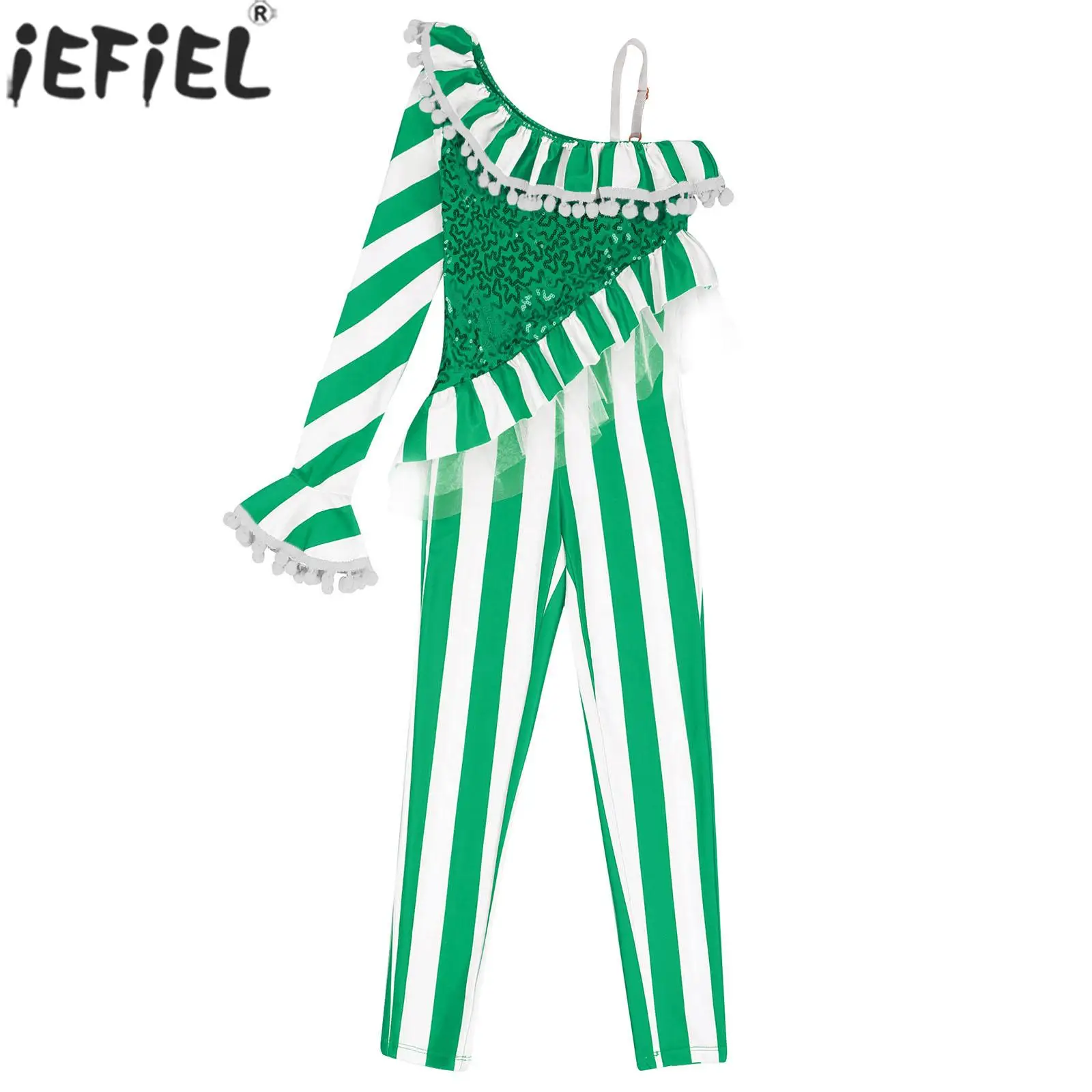 

Girls Christmas Jumpsuit Halloween Circus Show Cosplay Costume Ballet Gymnastics Leotard Sequin One Shoulder Striped Bodysuit