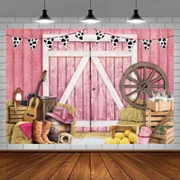 Photography Backdrop Cowboy Pink Barn For Wild West Wooden House Barn Door Cowgirl Baby Shower Birthday Party Supplies Decor