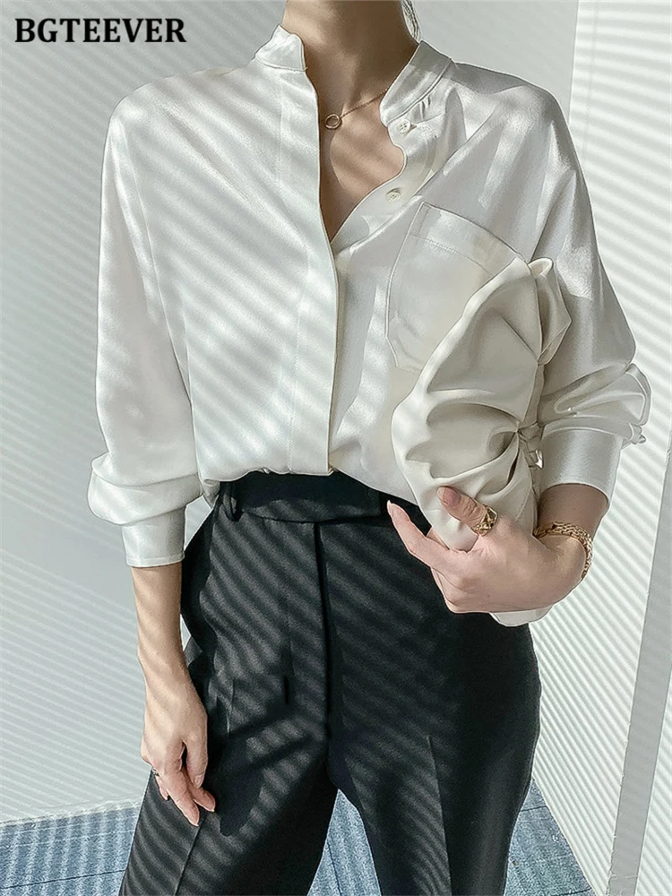 

Элегантная шикарная Свободная Женская однобортная рубашка BGTEEVER, осень 2022, модная однотонная женская блузка с отложным воротником и длинным...