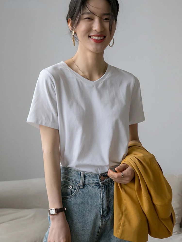 

Short Sleeve T-shirts Women V-neck Summer Temperament Basic Fashion Hot Simple Loose Korean Style All-match BF Solid Comfortable