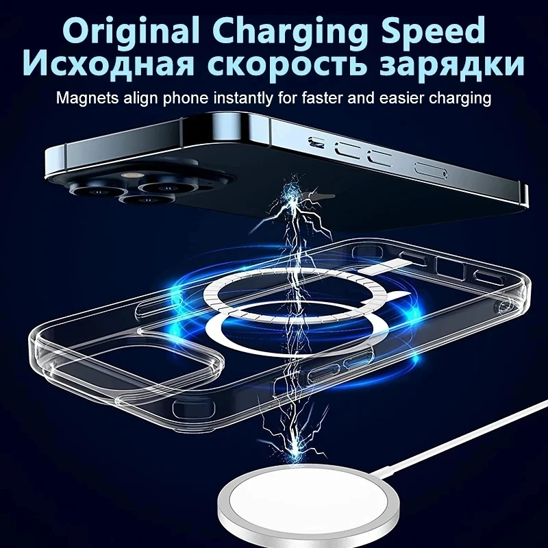 Original Transparent For Magsafe Case For iPhone 14 13 12 11 Por Max X XS MAX Wireless Charger Magnetic Silicone Cover