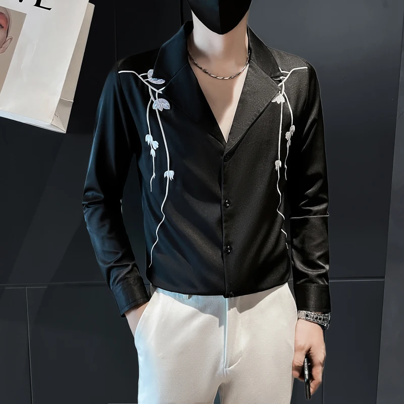 2022 Embroidery V-neck Men's Shirts Casual Business Dress Shirt Fashion Social Camisa Masculina Party Tuxedo Blouse Men Clothing