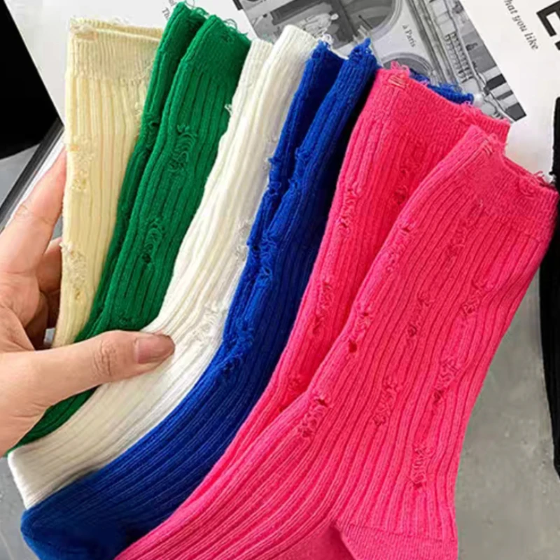 

1pair/3pairs Ins Thin Ripped Socks Men Women Cylinder Pure Cotton Sports Pile Socks Middle Tube Solid Sock Unisex Couple Sock