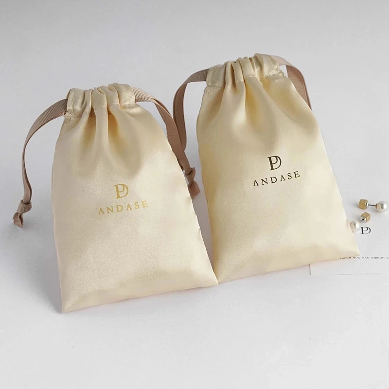 100pcs khaki satin drawstring bags custom dust bags Jewelry package pouch personalized your logo printed bulk product package