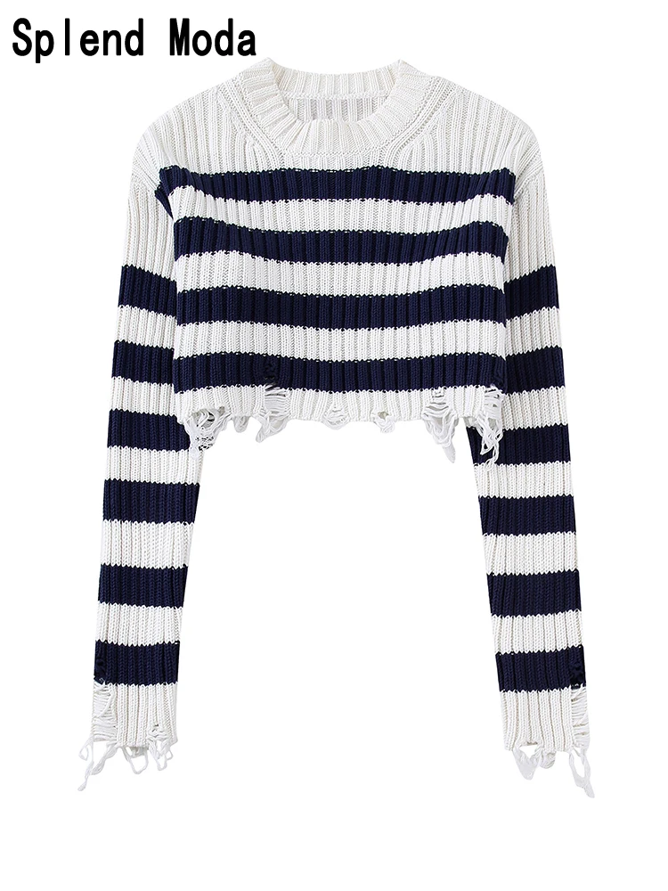 

Женский винтажный облегающий полосатый укороченный пуловер, трикотажный свитер, модные женские повседневные шикарные топы с круглым вырезом и длинным рукавом, весна 2023