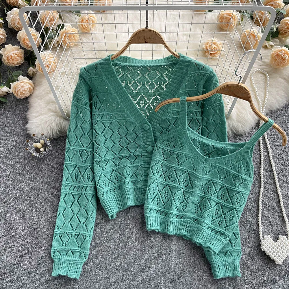 

Korean Version Age-reducing V-neck Knitted Jacket Women's Long-sleeved Short 2022 Summer New Hollow Camisole 2-piece Set
