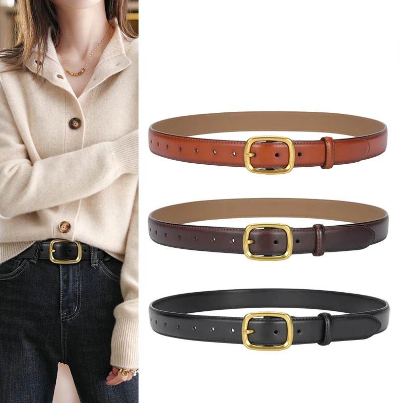 New Retro Belts for Women Black Cow Leather Metal Pin Buckle Girdle Fashion Luxury Design Adjustable Waistband Ladies Girls