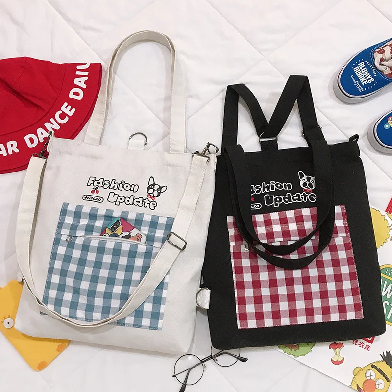 

Korean Fashion Canvas Shoulder Bags Simple Plaid Pattern Handbag Cosmetic Storage Bag Woman Shopping Bag Student Schoolbag