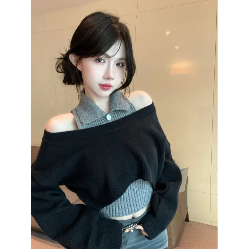 Preppy Polo Collar Sweater Women Autumn and Winter off-Shoulder Short Top Knit Stacked Cover up Vest Two-piece Set