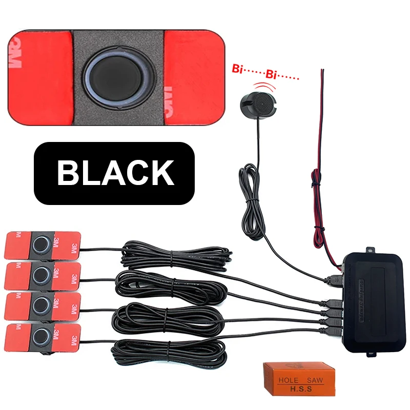 Комплект датчиков парковки автомобиля, помощник Park tronics 4, черный/серебристый/белый, 13 мм, плоские датчики, обратный радар, звук, зуммер, звук сигнализации