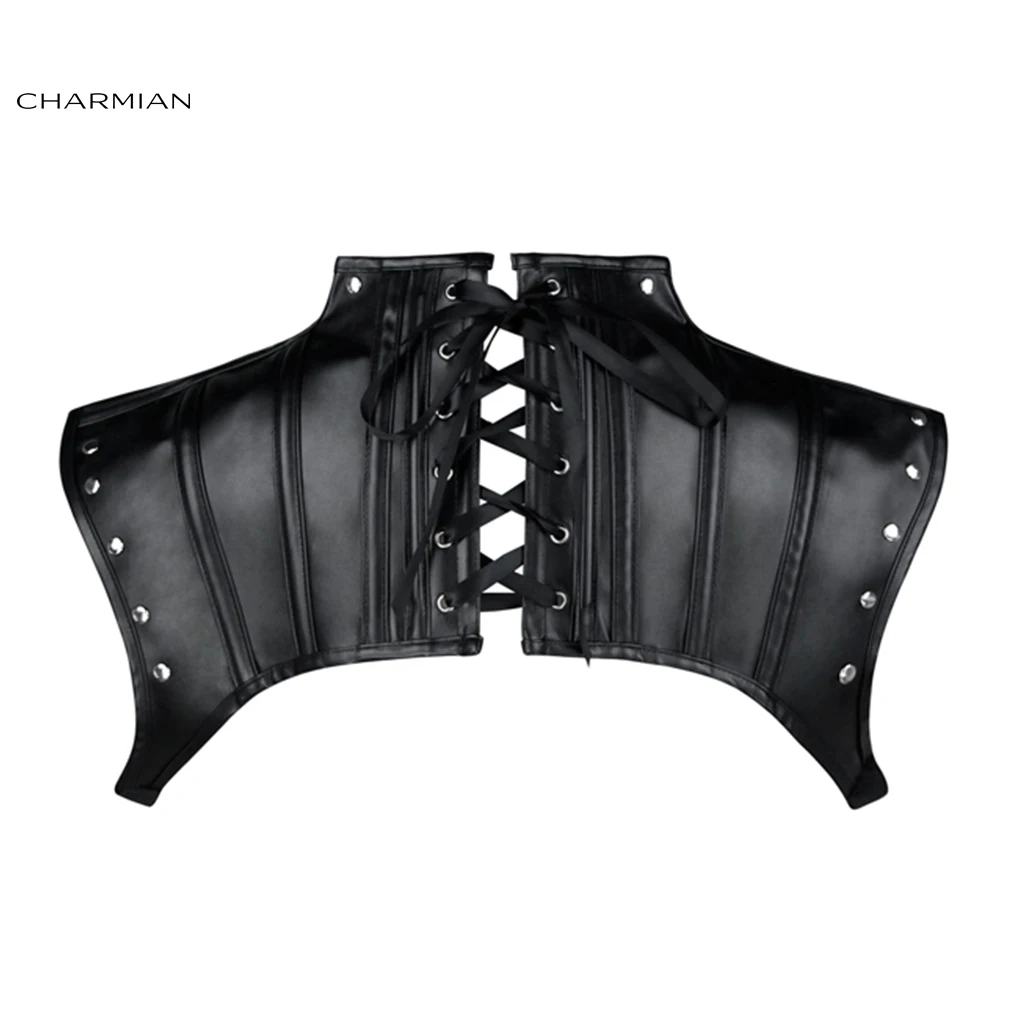 Charmian Women Steampunk Gothic Leather Costume Shoulder Jacket Shrug Armor Black High Neck Rivet Corset Shrug Halloween Costume