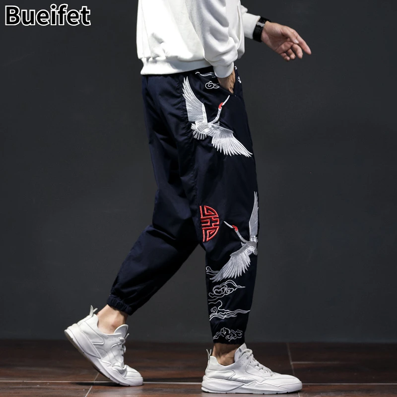 

Брюки мужские мешковатые в китайском стиле с вышивкой журавлей, повседневные штаны в стиле Харадзюку, винтажные Джоггеры в японском стиле, кимоно самурая