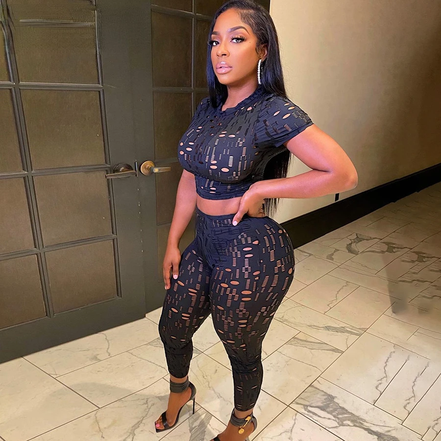 

fashionableAutumn New Midnight Style Two Piece Set Women Hollow Out Short Sleeve O-Neck Top+Sheath Body-Shaping Pants Clubwear H