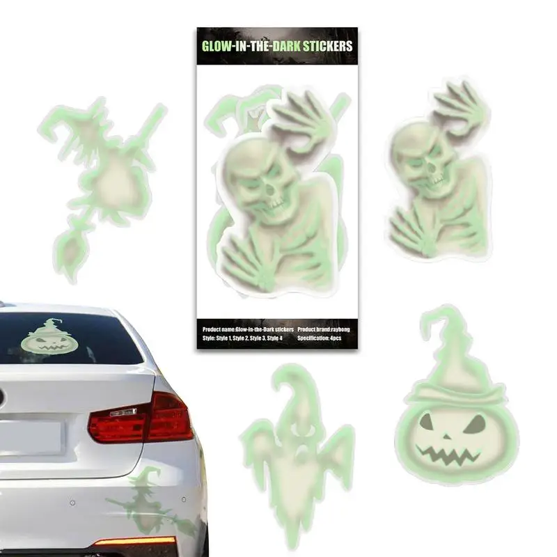 

Glow In The Dark Halloween Stickers Spooky Ghost Car Decals Ghost Skeleton Pumpkin Witch Stickers For Halloween Window 5Pcs/Set