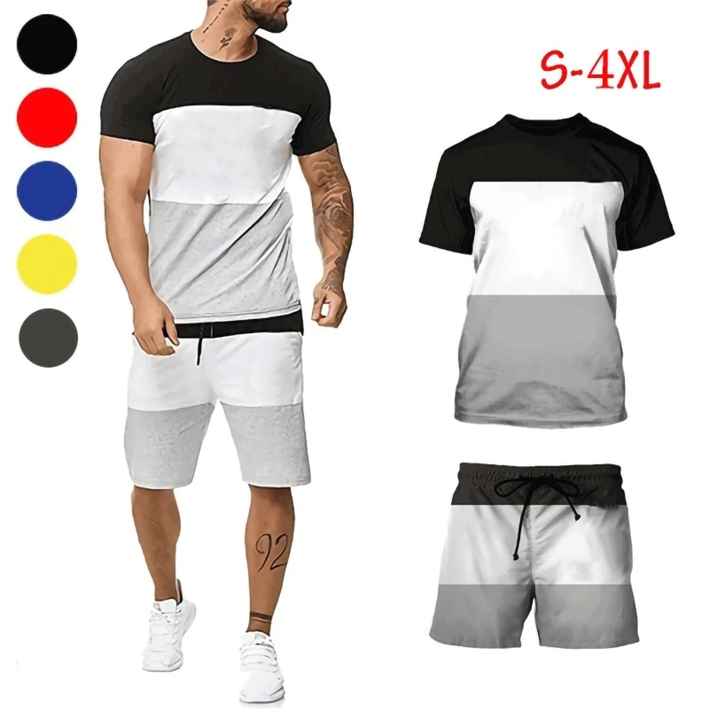 Summer Fashion Men's 2 Piece Set Tracksuits Summer Casual Short Sleeves Striped Print T-shirt+Shorts Pants Suits S-4XL