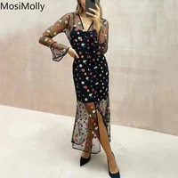mosimolly 2022 summer floral embroidery dress mesh dress 2 pcs sets midi dress party club cocktail dress female vestidos