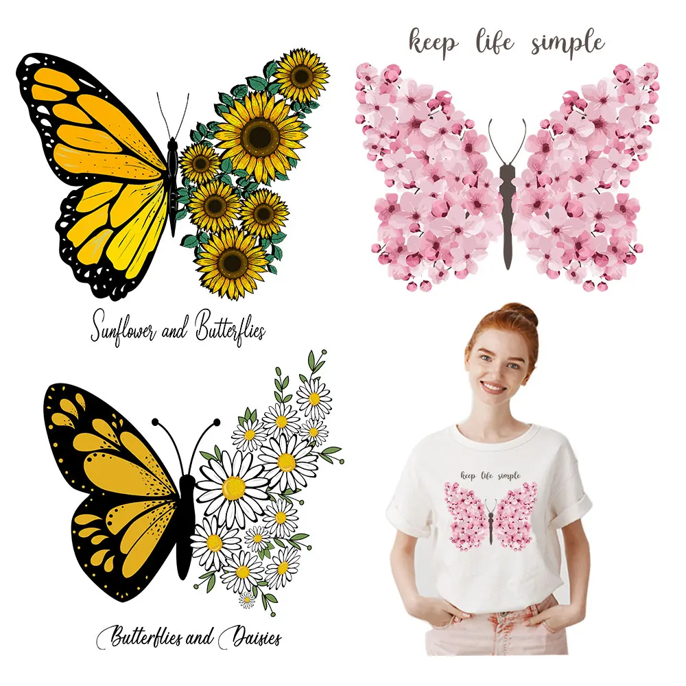 

Bright Daisy Butterfly Pink Flower Cherry Sticker Iron On Patches For Clothing DIY Thermo Applique Heat Transfer For Bag Parch