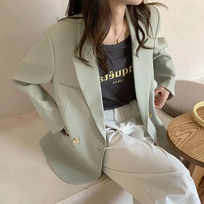 2022 Korea Women Chic Office Lady Double Breasted Blazer Vintage Green Coat Fashion Notched Collar Long Sleeve Ladies Outerwear