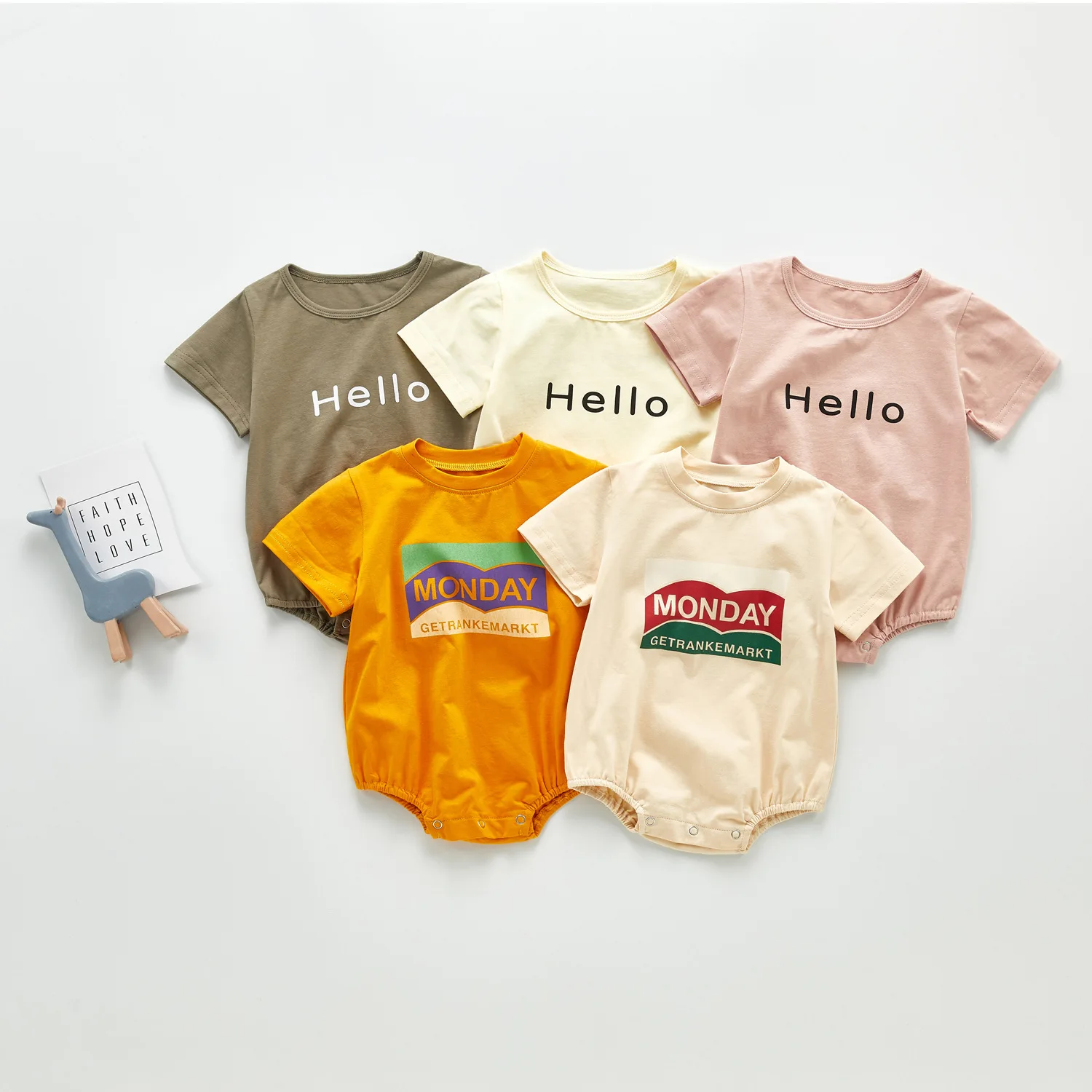 Summer Clothes Children Baby English Alphabet Cotton T-Shirt Short Sleeve Bag Fart Clothes Out Baby Crawling Clothes