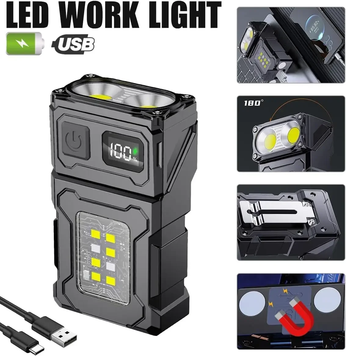 

Портативный магнитный LED фонарик COB 2000 мАч USB