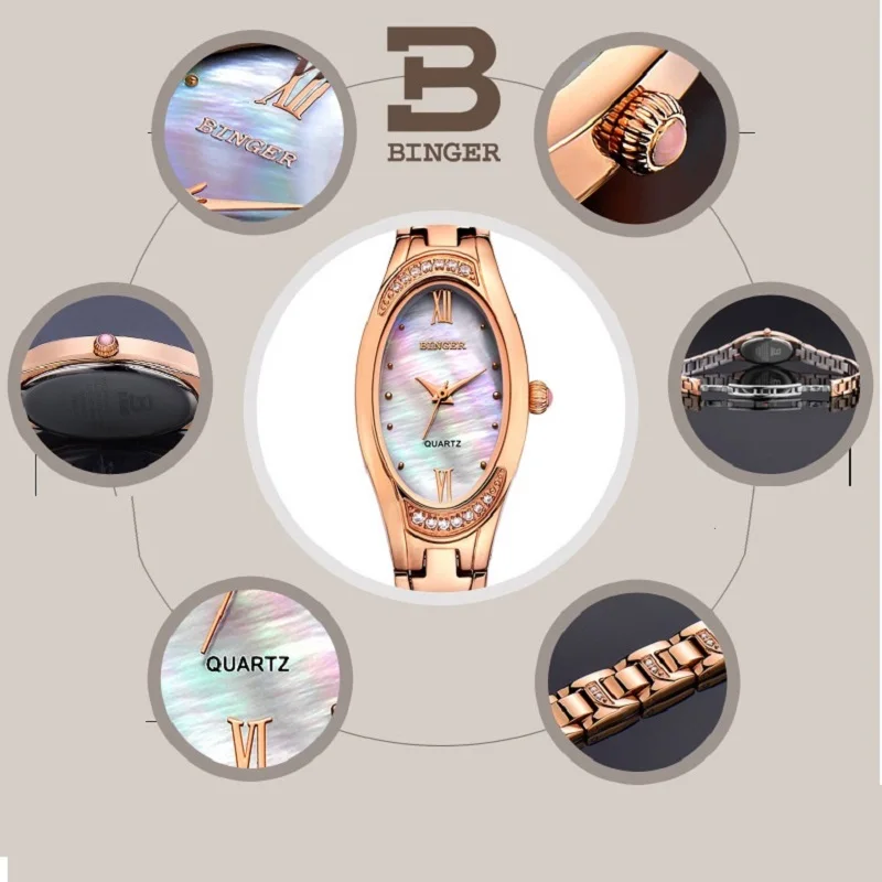 Switzerland Binger For Women Watch Miyota Quartz Wristwatch Pearl Shell Oval Dial Sapphire Crystal Diamond Ultra Montre Femme