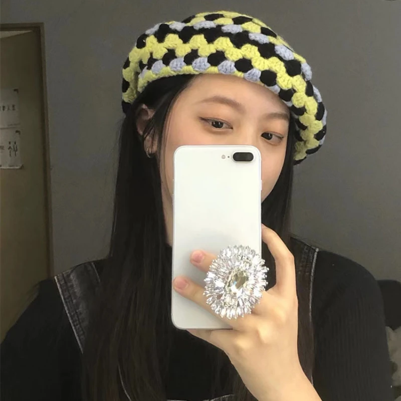 

2022 Spring Autumn New Color-blocking Crocheted Knitted Hollow Beret Cap Female Japanese Fashion No Eaves Painter Hat Beretki