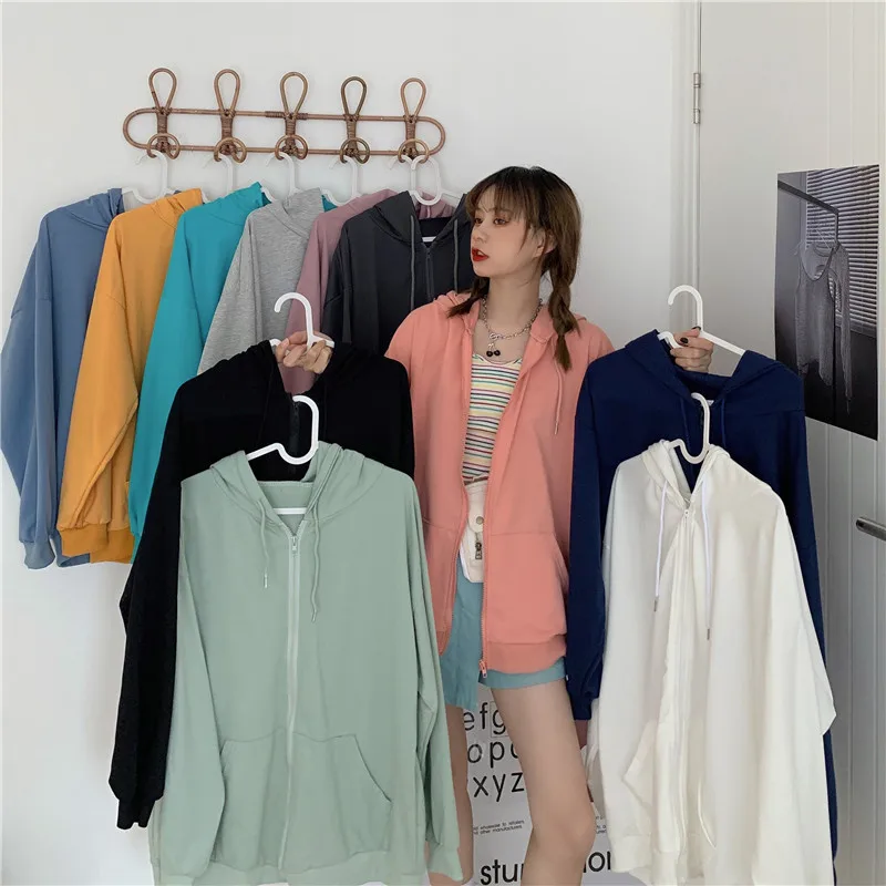 Women Hoodies Solid Color Zip Up Pocket Oversized Harajuku Korean Sweatshirts Female Long Sleeve Hooded Streetwear Casual Top