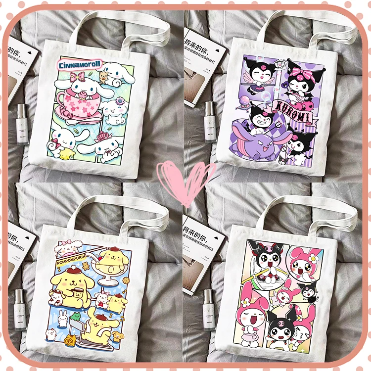 

Sanrioed Canvas Bag Kawaii Shoulder Bag High-Capacity Comic Pattern Anime Cinnamoroll Pom Pom Purin Cute Kids Girls Gift Lovely
