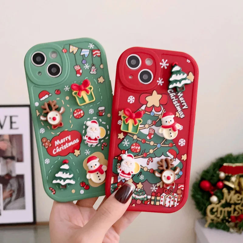 3D Christmas Elements Cartoon Pattern Phone Case For iPhone 14PS 14 13 12 11 Pro Max X XR XS Max 7 8 Plus TPU Soft Back Cover