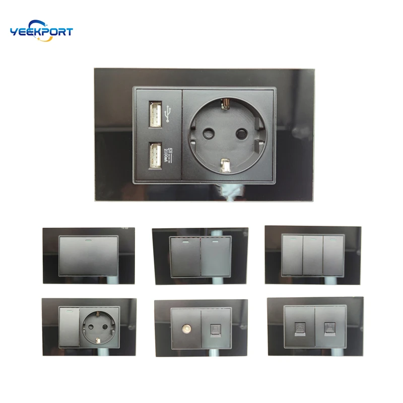 

118mm EU Household German Standard Black Tempered Glass Panel 16A 2-hole Power Plug Wall Socket with 2USB Switch Combination