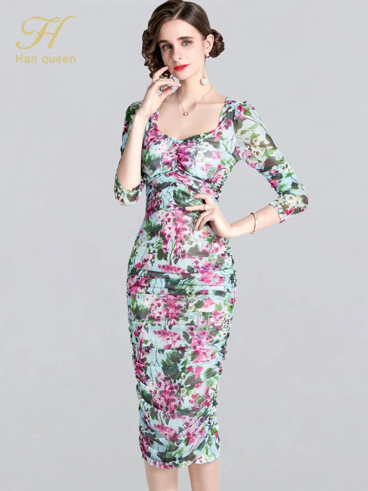 

H Han Queen New Summer Sheath Pencil Dress Elegant Simple Fashion Runway Printing Bodycon Vestidos Casual Party Office Dresses