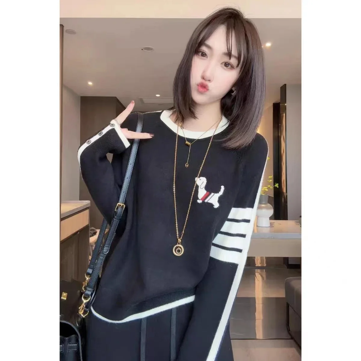 Корейские милые женские осенние Топы с длинными рукавами милый жаккардовый