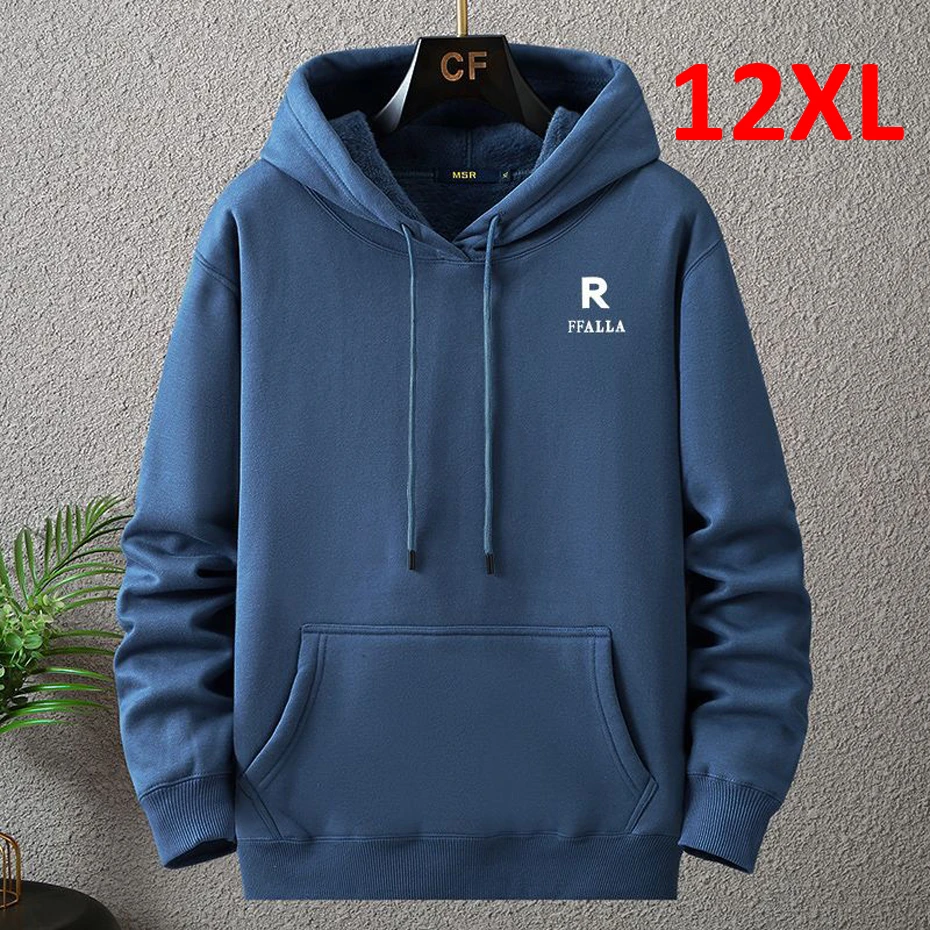 Autumn Winter Thick Fleece Hoodie Men 12XL 10XL Plus Size Hoodies Male Print Hooded Pullover Big Size 12XL Loose Hoodies Blue