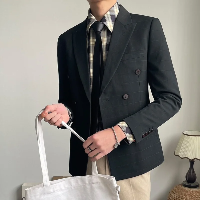 

British Style Double Breasted Men Blazers Business Casual Suit Jacket Slim Office Social Dress Coat Wedding Groom Men Clothing