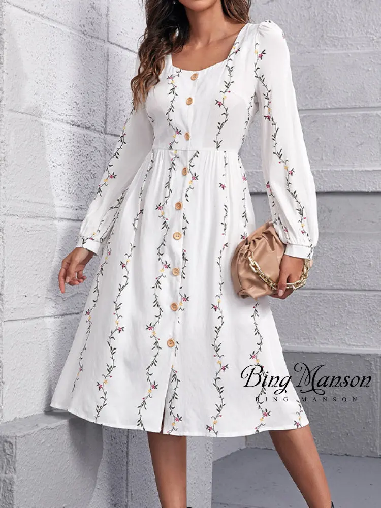 2022 Women's Fall Vintage Party Dresses Ladies French Style Long Sleeve Floral Print Square Neck Side Slit Midi Dress