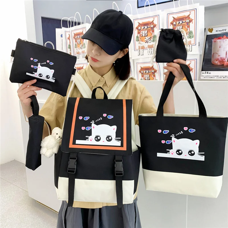 

5 Pcs Set Cute Cat Canvas Women Backpack School Bags for Teenage Girls Kawaii College Student Kids Book Bag Laptop Rucksack 2022
