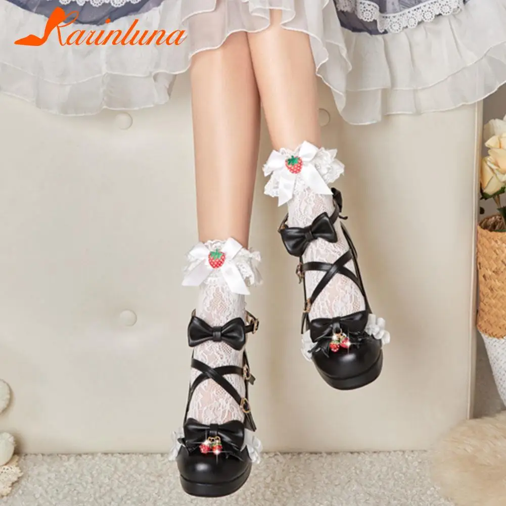 

New Arrival Lolita Cute butterfly-knot Square Med Heels Buckle Strap Cross Strap Mary Janes Women Pumps Spring Autumn Lady Shoes