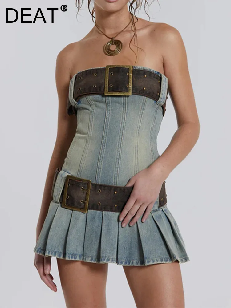 

Женское джинсовое платье без бретелек DEAT, коричневое Плиссированное мини-платье из денима с поясом и вырезом лодочкой, лето 2023