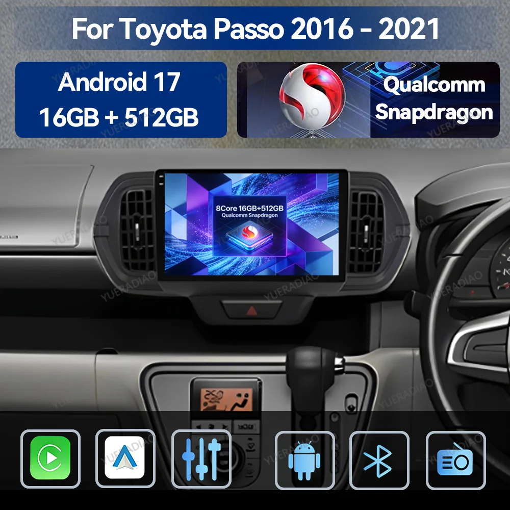 Фото Автомагнитола Android 17 для Toyota Passo III 3 2016-2021, мультимедийный видеоплеер, GPS-навигатор, 4G, Wi-Fi, головное устройство, камера 360°, QLED, 2 DIN №1