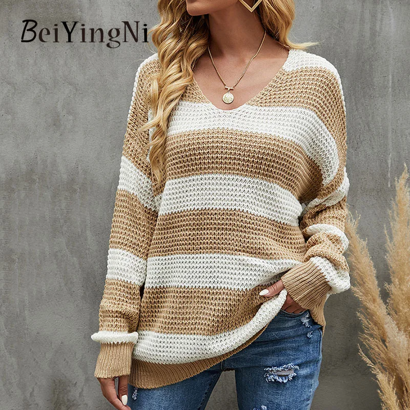 

Beiyingni 2022 Casual Sweater For Women's V-neck Spell Color Striped Knitting Lady Jumper Autumn Winter Vintage Loose Pullover